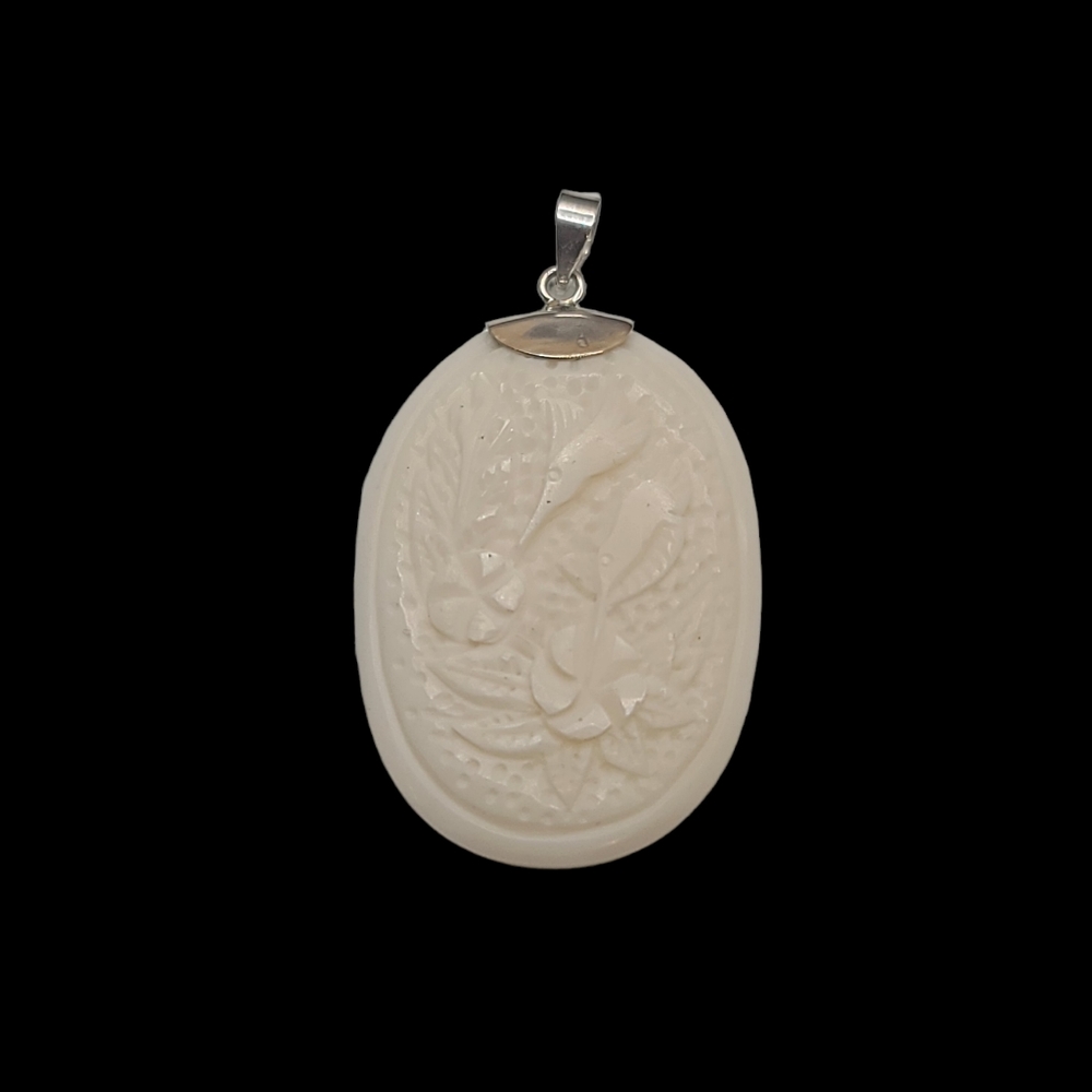 NEW Bali Goddess Carved Bone Birds & Flower Pendant in Sterling Silver